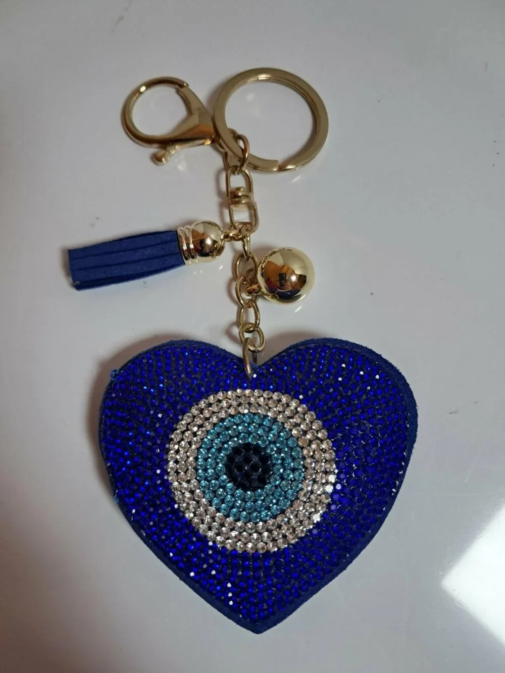 Blue Crystal Heart Evil Eye Rhinestone Tassel Keychain
